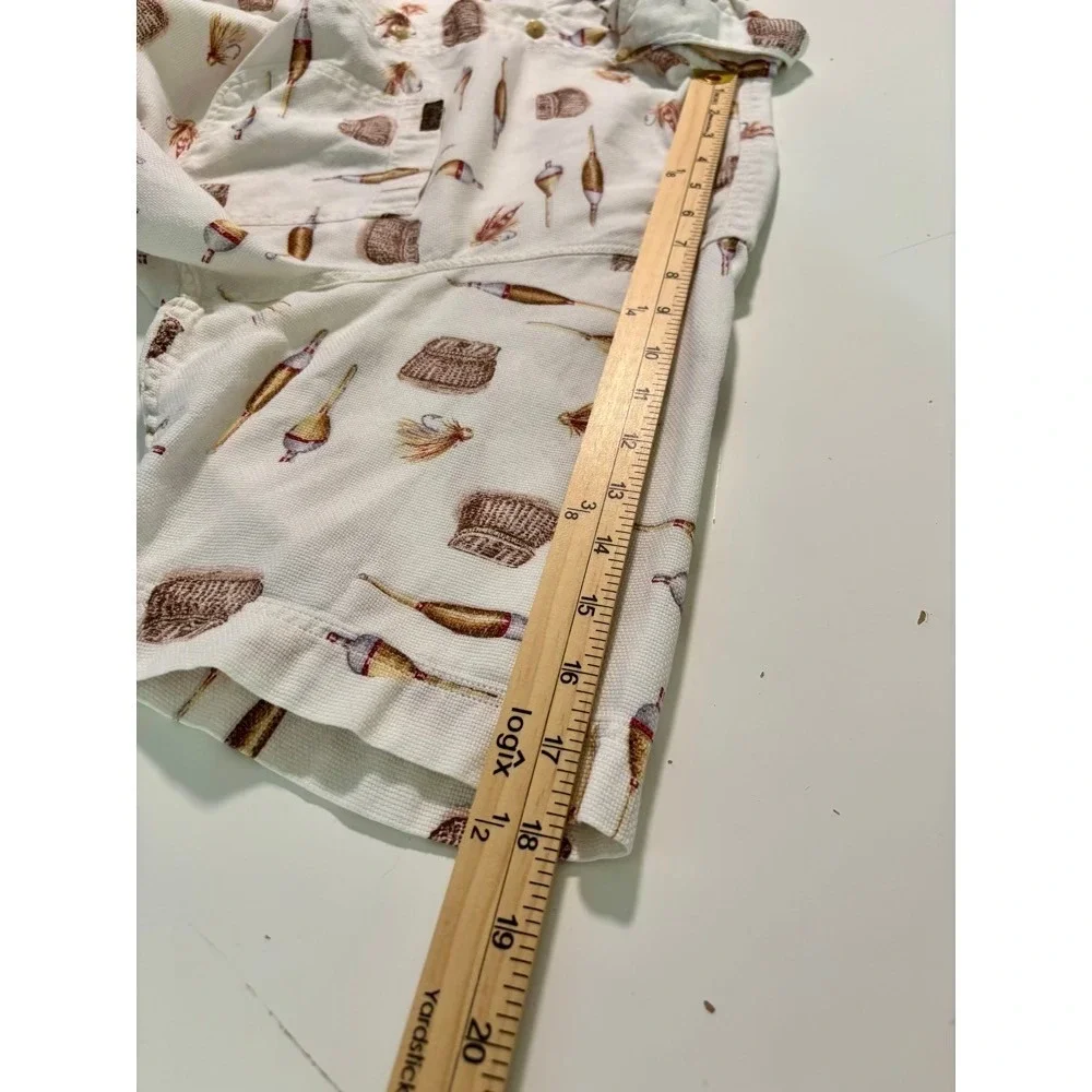 Woolrich Fishing Print Shirt Mens L‎ Cream Short Sleeve Cotton Fathers Day Dad